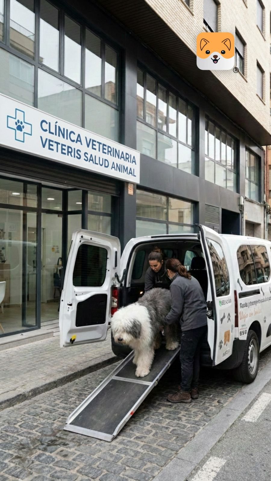 Un perro grande baja por la rampa de la furgoneta de Hatchi a la puerta de una clínica veterinaria, acompañado por dos personas del equipo — servicio de Hatchi en Veterinarios Especializados Valencia Desde Castellon